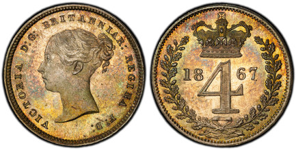 1085870 GREAT BRITAIN. Victoria. (Queen, 1837-1901). 1867 AR Maundy Set. PCGS PL67-PL66 (Prooflike).  head left / Crowned denomination divides date within wreath. KM MDS-118; SCBC-3918.

Grades as follows: PCGS PL67 (Fourpence); PCGS PL66 (Threepe...