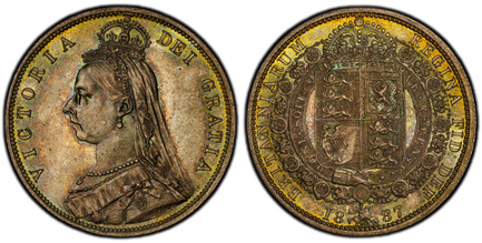 1086151 GREAT BRITAIN. Victoria. (Queen, 1837-1901). 1887 AR Halfcrown. PCGS MS65.  Edge: Reeded. VICTORIA DEI GRATIA. Coroneted bust left / BRITANNIARUM REGINA FID: DEF:. Crowned arms within order chain. KM 764; SCBC-3924; ESC 721.

Please use th...