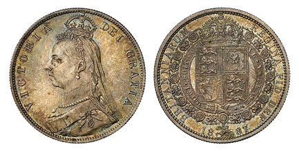 1086819 GREAT BRITAIN. Victoria. (Queen, 1837-1901). 1887 AR Halfcrown. NGC MS65.  Edge: Reeded. VICTORIA DEI GRATIA. Coroneted bust, left; two thick lines on crown / BRITANNIARUM REGINA FID: DEF:. Crowned arms within order chain. KM 764; SCBC-392...
