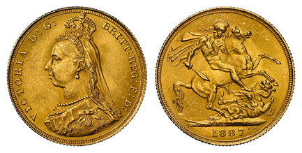 1086866 GREAT BRITAIN. Victoria. (Queen, 1837-1901). 1887 AV Sovereign. NGC MS65.  VICTORIA D:G: BRITT: REG: F:D:. Bust left wearing small crown and veil / St. George slaying the dragon. KM 767; SCBC 3866; Friedberg 393.

Please use this link to v...