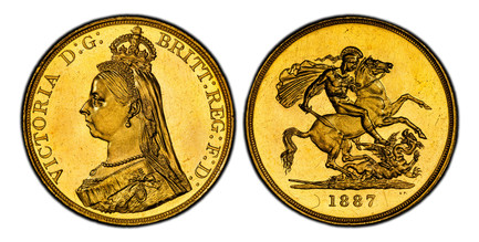 1087232 GREAT BRITAIN. Victoria. (Queen, 1837-1901). 1887 AV Five Pounds. PCGS MS65PL (Prooflike).  VICTORIA D:G: BRITT: REG: F:D:. Bust left wearing small crown and veil / St. George slaying the dragon right, with initials, B.P. below, right. KM ...