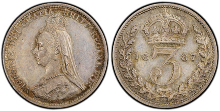 1087368 GREAT BRITAIN. Victoria. (Queen, 1837-1901). 1887 AR Threepence. PCGS PR64.  VICTORIA DEI GRATIA BRITT: REGINA F:D:. Bust left wearing small crown and veil / Crowned denomination divides date within wreath. KM 758; SCBC-3931.

Jubilee head...