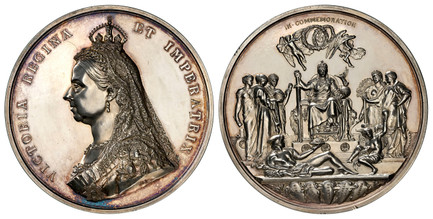 1087376 GREAT BRITAIN. Victoria. (Queen, 1837-1901). 1887 AR Medal. NGC MS62.  By J.E. Boehm and F. Leighton. Edge: Plain. VICTORIA REGINA ET IMPERATRIX. Crowned and veiled bust left, J.E.B. on truncation of bust / IN • COMMEMORATION. Victoria ent...