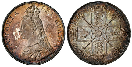 1087374 GREAT BRITAIN. Victoria. (Queen, 1837-1901). 1889 AR Double Florin. NGC MS64.  VICTORIA DEI GRATIA. Coroneted bust left / Sceptres divide crowned arms at corners. KM 763; SCBC-3923 (Arabic 1 in date).

Rare date in this quality.

Please us...