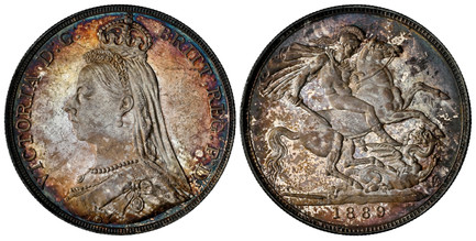 1087375 GREAT BRITAIN. Victoria. (Queen, 1837-1901). 1889 AR Crown. NGC MS63.  VICTORIA D:G: BRITT: REGINA: F:D:. Bust left wearing small crown and veil / St. George slaying dragon right. KM 765; SCBC-3921; ESC-2589.

Please use this link to verif...