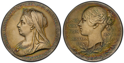 1086790 GREAT BRITAIN. Victoria. (Queen, 1837-1901). 1897 AR Medal. PCGS SP65.  By George William de Saulles (1862 – 1903) after T. Brock and W. Wyon. Edge: Plain. 56mm. VICTORIA ANNVM REGNI SEXAGESIMVM FELICITER CLAVDIT XX IVN · MDCCCXCVII ·. Cro...