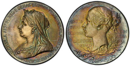 1086791 GREAT BRITAIN. Victoria. (Queen, 1837-1901). 1897 AR Medal. PCGS SP64.  By George William de Saulles (1862 – 1903) after T. Brock and W. Wyon. Edge: Plain. 56mm. VICTORIA ANNVM REGNI SEXAGESIMVM FELICITER CLAVDIT XX IVN · MDCCCXCVII ·. Cro...