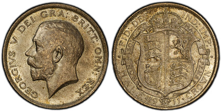 1086155 GREAT BRITAIN. George V. (King, 1910-1936). 1911 AR Halfcrown. PCGS MS63.  Edge: Reeded. 32mm. 14.14gm. Head left / Crowned and quartered shield within Garter band. KM 818.1; SCBC-4011; ESC-758.

Please use this link to verify the PCGS cer...