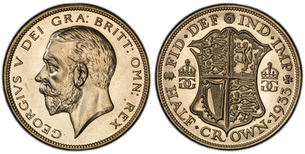 1086643 GREAT BRITAIN. George V. (King, 1910-1936). 1933 AR Halfcrown. PCGS PR65.  Edge: Reeded. Head left / Quartered shield flanked by crowned monograms. KM 835; SCBC-4037; ESC-3745 (Prev. ESC-782).

Please use this link to verify the PCGS certi...
