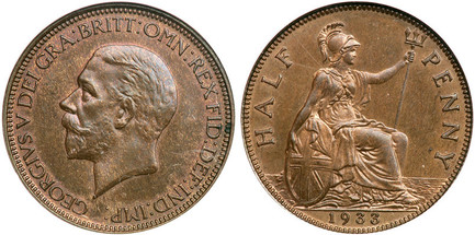 1087379 GREAT BRITAIN. George V. (King, 1910-1936). 1933 AE Halfpenny. NGC PR65BN (Brown).  25.5mm. Smaller head left / Britannia seated right. KM 837. Proof; S-4058, P-2317 (Extremely Rare).
Ex Cheshire Collection – Goldberg Auction 31 (30 May 20...