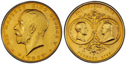 1083383 GREAT BRITAIN. George V. (King, 1910-1936). 1935 AV Smithfield Club Patron's Medal of 22 Ducats Weight. PCGS MS65 Matte.  By B. McKennal. Edge: BREEDER BEST PEN SHORT-WOOLED SHEEP OR LAMBS . 1935 . E . CLIFTON-BROWN, BURNHAM GROVE . BURNHA...