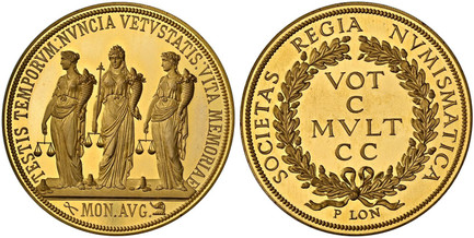 1083333 GREAT BRITAIN. (Undated) 1936 AV Medal of 50 Ducats Weight. NGC PR68UCAM (Ultra Cameo).  Possibly attributed to T. Pinches. Edge: Plain. 57mm. 170.75gm. TESTIS TEMPORVM: NVNCIA VETVSTATIS: VITA MEMORIAE// (tongs) MON.AVG.(elephant head). T...