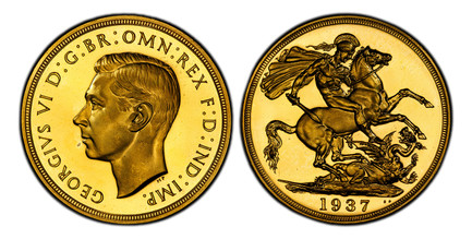 1087234 GREAT BRITAIN. George VI. (King, 1936-1952). 1937 AV Two Pounds. PCGS PR67 Cameo.  Head left / St. George slaying the dragon. KM 860; SCBC-4075; Fr.-410.

From a mintage of just 5,001.

Please use this link to verify the PCGS certification...