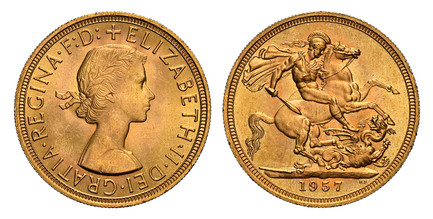 1085582 GREAT BRITAIN. Elizabeth II. (Queen, 1952-2022). 1957 AV Sovereign. NGC MS65.  Laureate bust right / St. George slaying the dragon. KM 908; SCBC-4124; Marsh 297.

Please use this link to verify the NGC certification number <a href="https:/...