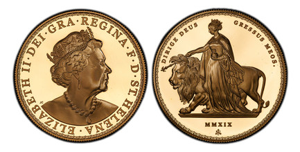 1086788 GREAT BRITAIN. St. Helena. Elizabeth II. (Queen, 1952-2022). 2019-EIC AV 5-Piece Set (Five Sovereign, Double Sovereign, Hal- Sovereign, and Quarter-Sovereign). PCGS PR69-PR68DCAM (Deep Cameo).  East India Company, London. Edge: Milled. ELI...
