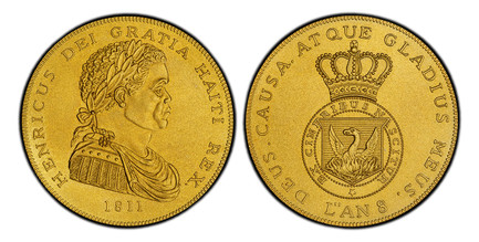 1085416 HAITI. Henri Christophe. (King of North Haiti, 1811-1820). "1811" // L'An 8 AV Fantasy Crown. PCGS PR68 Matte.  39.41gm. HENRICUS DEI GRATIA HAITI REX. Laureate armored bust right / DEUS. CAUSA. ATQUE GLADIUS MEUS. Crowned shield with risi...