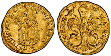 1085894 HUNGARY. Charles 1st (Charles Robert). (King, 1308-1342). (1325-42) ND AV Goldgulden or Florin. PCGS MS62.  Kremnitz or Buda. 3.58gm. Lily / Standing figure of St. John the Baptist. Fr.-2; Huszár 440; Lengyel 1A.

Flip-over double strike.
...