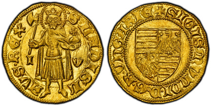 1086078 HUNGARY. Sigismund. (1387-1437) AV Goldgulden. PCGS MS65.  3.52gm. Quartered Arms with eagle in two quarters within beaded circle / Nimbate St. Ladislas standing facing, holding ax and orb; I – V to either side. Fr.-9; Huszar 572.

Please ...