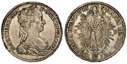 1086644 HUNGARY. Maria Theresia. 1741-KB AR Thaler. NGC AU58.  Kremnitz. MA · THERESIA · - D: G: REG: HUN: BO. Bust right with two curls hanging in back / S: MARIA MATER DEI - PATRONA HUNG. Radiant Madonna and child. KM 328.3; Dav.-1125B; Herinek ...