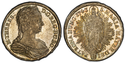 1085947 HUNGARY. Maria Theresia. (Holy Roman Empress, 1740-1780) . 1743-K-B AR Thaler. PCGS MS62.  Kremnitz. Edge: IUSTITIA ET CLEMENTIA
 (With Justice and Mercy). 41mm. 28.79gm. M•THERES: – D:G:REG:HU:BO:. Modified hairstyle, one long curl hangin...
