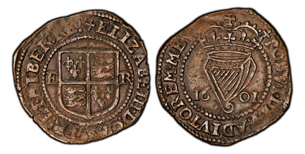 1086646 IRELAND. Elizabeth I. (Queen, 1558-1603). 1601-(Trefoil) CU Penny. PCGS XF45BN (Brown).  1.97gm. Shield of arms in inner circle, titles of Elizabeth I / Crowned harp divides date in inner circle. KM 6.1; S-6510; Dowel & Finn 255.

Third is...