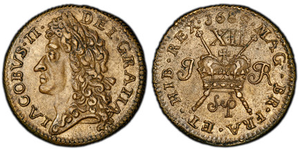 1086134 IRELAND. James II. (King, 1685-1688). 1689 Sep Brass Shilling. PCGS MS62.  Dublin or Limerick. 26.5mm. 6.44gm. Head of James II, left / Crown over crossed scepters; date in legend above denominatino XII; J - R monogram divides to either si...