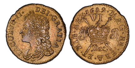 1086648 IRELAND. James II. (King, 1685-1691). 1689 Dec Brass Sixpence. PCGS Genuine - AU Details Cleaned.  3.13gm. Head of James II left / Crown over crossed scepters divides J – R monogram; denomination VI above and month below. KM 93; S-6583G; W...
