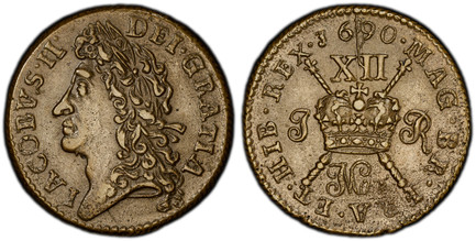 1086136 IRELAND. James II. (King, 1685-88). 1690 Mar Brass Shilling. PCGS AU53.  Dublin or Limerick. 26mm. 7.18gm. Head of James II left / Crown over crossed scepters; date in legend above denominatino XII; J - R monogram divides to either side of...