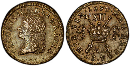 1086137 IRELAND. James II. (King, 1685-88). 1690 May Brass Shilling. PCGS MS63.  Dublin or Limerick. 23.5mm. 4.80gm. Head of James II left / Crown over crossed scepters; date in legend above denominatino XII; J - R monogram divides to either side ...