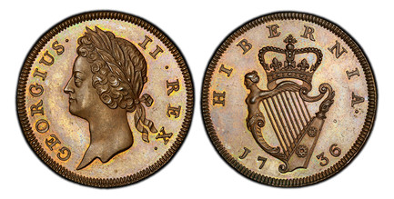1086649 IRELAND. George II. (King, 1727-1760). 1736 CU 1/2 Penny. PCGS PR65BN (Brown).  8.22gm. Laureate bust left / Crowned harp, date below. KM 125; S-6605; Dowel & Finn 541.

Please use this link to verify the PCGS certification number <a href=...
