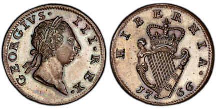 1086650 IRELAND. George III. (King, 1760-1820). 1766 CU 1/2 Penny. PCGS MS63BN (Brown).  London. Type I, short bust / Crowned harp divides date, below. S-6612.

Please use this link to verify the PCGS certification number <a href="http://www.pcgs....