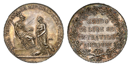 1086062 ITALIAN STATES. Cisalpine Republic. (1800) Anno VIII AR Scudo Di Lire Sei, Scudo of 6 Lire. NGC MS63.  Milan. 23.15gm. Seated and standing figures / SCUDO DI LIRE SEI 27 · PRATILE ANNOVIII. Value, inscription within wreath. KM C-2; Montene...
