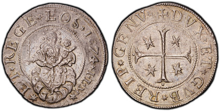 1085988 ITALIAN STATES. Genoa. 1674 ILM AR Scudo, Stretto. PCGS AU58.  41.7mm. 38.34gm. +DVX*ET*GVB* REIP*GENV*. Cross with four stars in angles / *ET*REGE*EOS*1674*I*L*M*. Virgin and child on cloud. KM 79; Dav.-3901; MIR 294/35; Lunardi 260; CNI ...