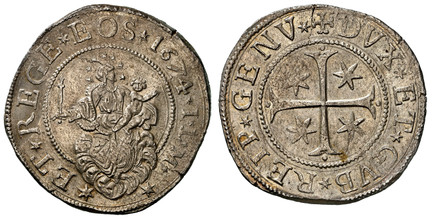 1087148 ITALIAN STATES. Genoa. 1674 ILM AR Scudo, Stretto. NGC MS63.  Cross with four stars in angles / Virgin and child on cloud; mintmark after date. KM 79; Dav.-3901; Lunardi 260 (R1).

Currently the finest known at NGC as of June 2026

Please ...