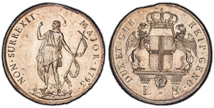 1085989 ITALIAN STATES. Genoa. 1793 AR 8 Lire. PCGS MS64.  Genoa. 40.5mm. 33.21gm. DUX · ET · GUB REIP · GENU ·. Crowned arms with supporters on mantle above lion head and value / NON · SURREXIT · MAJOR ·. Standing figure of St. John the Baptist h...