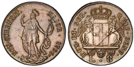 1085990 ITALIAN STATES. Genoa. 1796✭ AR 8 Lire. PCGS MS62.  40.1mm. 33.50gm. DUX · ET · GUB REIP · GENU ·. Crowned arms with supporters on mantle above lion head and value / NON · SURREXIT · MAJOR ·. Standing figure of St. John the Baptist holding...