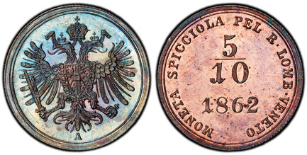 1086161 ITALIAN STATES. Lombardy-Venetia. 1862-A CU 5/10 Soldo. PCGS PR65RB (Red-Brown).  Vienna. 17.4mm. 1.71gm. Shield within crowned double-headed eagle / MONETA SPICCIOLA... Value above date. C 34.1; Herinek 852.

Very rare in proof.

Please u...