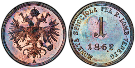 1086162 ITALIAN STATES. Lombardy-Venetia. 1862-A CU Soldo. PCGS PR64RB (Red-Brown).  Vienna. 19.5mm. 3.33gm. Shield within crowned double-headed eagle / MONETA SPICCIOLA... Stylized numeral value above date. KM C- 35.2; Herinek 849.

Very rare in ...