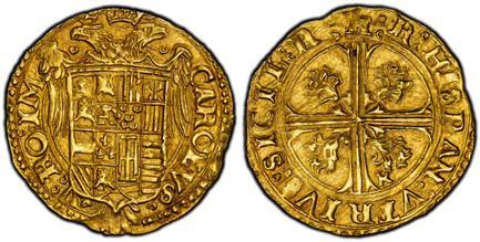 1086079 ITALIAN STATES. Naples. Carlo V. (Holy Roman Emperor, 1519-1556). (1519-56) R AV Scudo d'Oro. PCGS MS64.  3.36gm. CAROLVS. - V. RO. IM. Crowned imperial eagle behind crowned shield of manifold arms / R. ISPA(N)(RVM). VTRIVS. SICI(L). R. R....