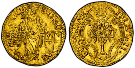1086080 ITALIAN STATES. Papal States. Julius II. (Pontiff, 1503-13). (1503-13) AV Ducat. PCGS MS63.  Bologna. 3.43gm. IVLIVS • II • – PONT • MAX. Crowned coat-of-arms within quatrefoil / BONO – NI – A • – DOCET. St. Peter standing facing, head sli...
