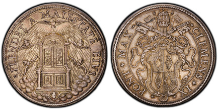 1084928 ITALIAN STATES. Papal States. Clement IX. (Pontiff, 1667-1669). (1667-1669) ND AR Piastra. PCGS AU55.  By Alberto Hamerani. Rome. 44mm. 31.94gm. CLEMENS IX – PONT MAX. Papal tiara and crossed keys over shield or arms / SPLENDET A MAIESTATE...