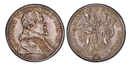 1084916 ITALIAN STATES. Papal States. Clement X. (Pope, 1670-1676). MDCLXXI (1671)-II AR Piastra, Scudo of 80 Bolognini. PCGS AU55.  By Girolamo Lucenti. Rome. 43mm. 31.81gm. CLEMENS X٠PONT٠MAX٠ANN٠II٠// EQ٠HIER٠LVCENTI. Capped bust of Clement X r...