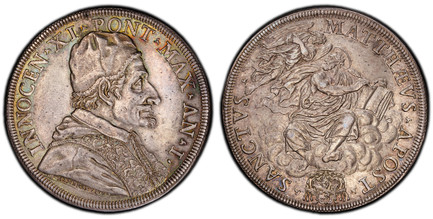 1084919 ITALIAN STATES. Papal States. Innocent XI. (Pontiff, 1676-1689). (1676)-I AR Piastra, Scudo of 80 Bolognini. PCGS MS61.  Rome. 32.00gm. Capped bust, right / St. Matthew standing on cloud, angel left. KM 393; Dav.-4086; MIR 2012/1; Muntoni ...