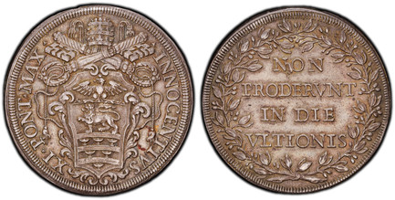 1084920 ITALIAN STATES. Papal States. Innocent XI. (Pontiff, 1676-1689). (1676-1689) ND AR Piastra. PCGS AU55.  Rome. 44mm. 31.95gm. INNOCENTIVS – XI PONT MAX. Papal tiara and crossed keys above shield of arms / NON/ PRODERVNT/ IN DIE/ VITIONIS. F...