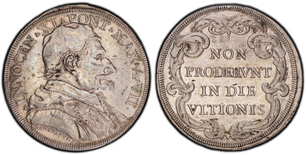 1085992 ITALIAN STATES. Papal States. Innocent XI. (1682)-VII AR Piastra, Scudo of 80 Bolognini. PCGS MS62.  By Giovanni Hamerani (Dies). Rome. 44.2mm. 31.12gm. INNOCEN XI PONT MAX AN VII. Capped bust, right; signed below truncation, HAMERANVS F /...