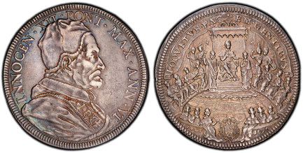1084921 ITALIAN STATES. Papal States. Innocent XII. (Pontiff, 1676-1689). 1696-VI AR Piastra, Scudo of 80 Bolognini. PCGS AU55.  Rome. 32.00gm. Capped bust, right / LOQVETVR PAC…. Enthroned Pope facing Consistory. KM 598; Dav.-4106; MIR 2129/2; Mu...