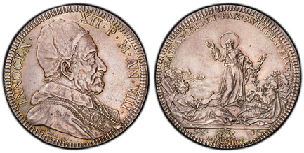 1084922 ITALIAN STATES. Papal States. Innocent XII. (Pontiff, 1615-1691-1700). 1698-VIII AR Piastra, Scudo of 80 Bolognini. PCGS Genuine - UNC Details Cleaned.  Rome. 31.93gm. Capped bust, right / St. Peter blessing reclining crowd. KM 608; Dav.-4...