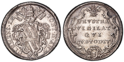 1084930 ITALIAN STATES. Papal States. Clement XII. (Pontiff; 1730-1740). (1734)-V AR 1/2 Piastra. PCGS MS62.  Rome. 14.89gm. CLEMENS XII – PONT M AN V. Papal tiara and crossed keys over shield or arms / FRVSTRA/ VIGILAT/ QVI/ CVSTODIT. Four-line i...