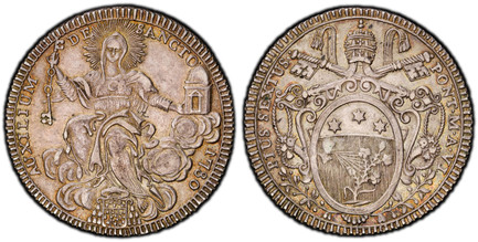 1084923 ITALIAN STATES. Papal States. Pius VI. (Pontiff, 1775-1799). 1780-VI AR Scudo. PCGS AU58.  Rome. 26.38gm. PIUS · SEXTUS ... Papal arms / AUXILIUM DE SANCTO. Holy Mother Church, seated. KM 1216.1; Dav.-1471; MIR 2764/8; Muntoni 18; Berman 5...