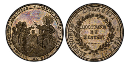 1085818 ITALIAN STATES. Papal States. Pius VII. (Pontiff, 1800-1823). (1823-29) AR Medal. PCGS MS63.  40.78mm. 25.68gm. PRAEDIC EVANG CREATVRAE EVNTES IN VNIVERSVM MVNDVM. Christ radiant, seated at right facing left and preaching to his Apostles; ...